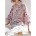 Pink Stand Collar Print Button Summer Ramie Top