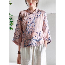 Pink Stand Collar Print Button Summer Ramie Top