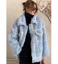 French Blue Button Faux Fur Winter Casual Coat