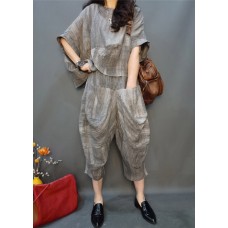 Vogue Grey O-Neck wrinkled Linen Top And Harm Pants Two Pieces Set Batwing Sleeve