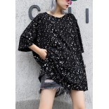 Bohemian black dotted cotton tunic top v neck side open Plus Size Clothing summer tops