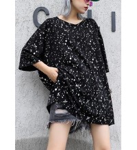 Bohemian black dotted cotton tunic top v neck side open Plus Size Clothing summer tops