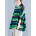 French Green O-Neck Print Ruffled Fall Striped Shirt Tops Half Sleeve