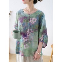 Plus Size Purple Button Print Fall Three Quarter Sleeve Top