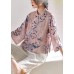 Pink Stand Collar Print Button Summer Ramie Top