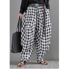 Elegant Black White Plaid Cotton Linen Harem Pants Summer