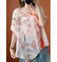 Stylish Orange Red Button asymmetrical design Print Fall Shirt Half Sleeve