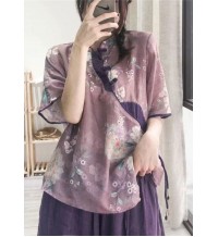 Women Purple Button Print Shirt Tops Half Sleeve