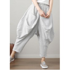 Natural Striped drop-crotch Cotton Linen  Pants Summer