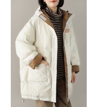 Chic White hooded Pockets Casual Winter Down Coat