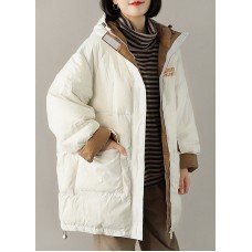 Chic White hooded Pockets Casual Winter Down Coat