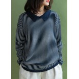 Aesthetic navy striped knitted t shirt lapel collar Loose fitting knitted blouse