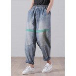 Casual Blue Elastic Waist Harem Summer Cotton Pants