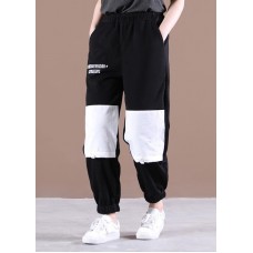 Natural Black Elastic Waist Patchwork Pants Summer Cotton