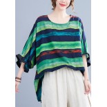 French Green O-Neck Print Ruffled Fall Striped Shirt Tops Half Sleeve